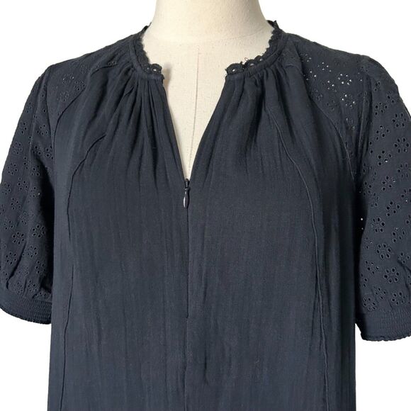 ME+EM Embroidered Cheesecloth Short Mini Dress in Dark Navy 100% Cotton Size 8 - Picture 3 of 7